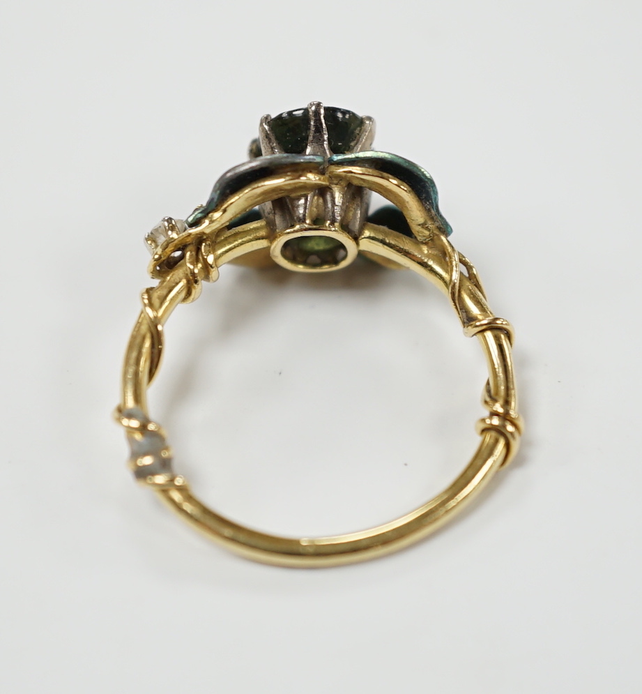 A late Victorian gilt white metal and green paste set bug brooch, 23mm.